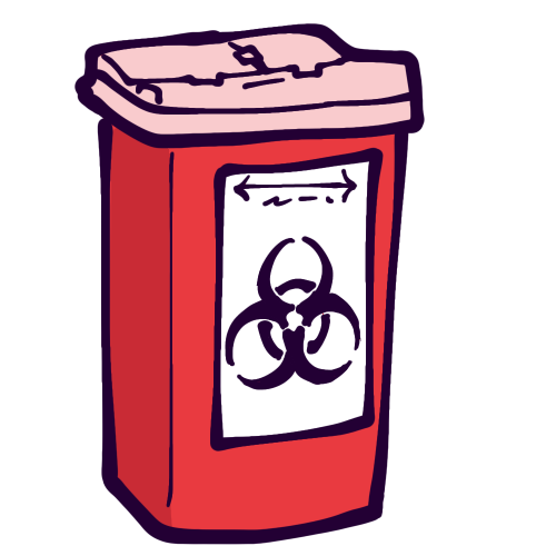 A red sharps container, which is a tall red plastic box labeled with a biohazard symbol.